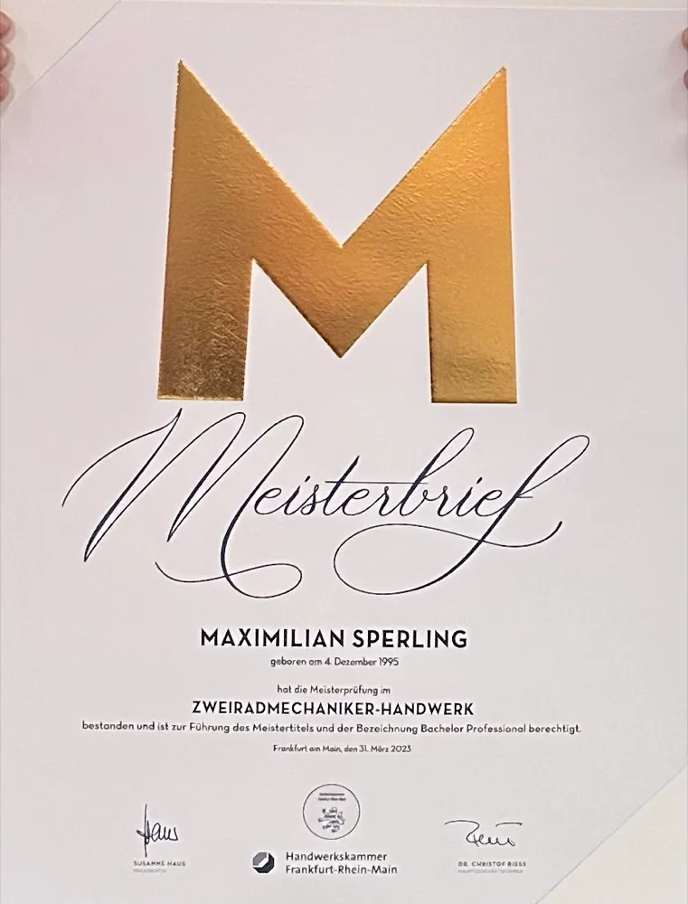 Meisterbrief von Maximilian Sperling, Zweiradmechaniker-Handwerk